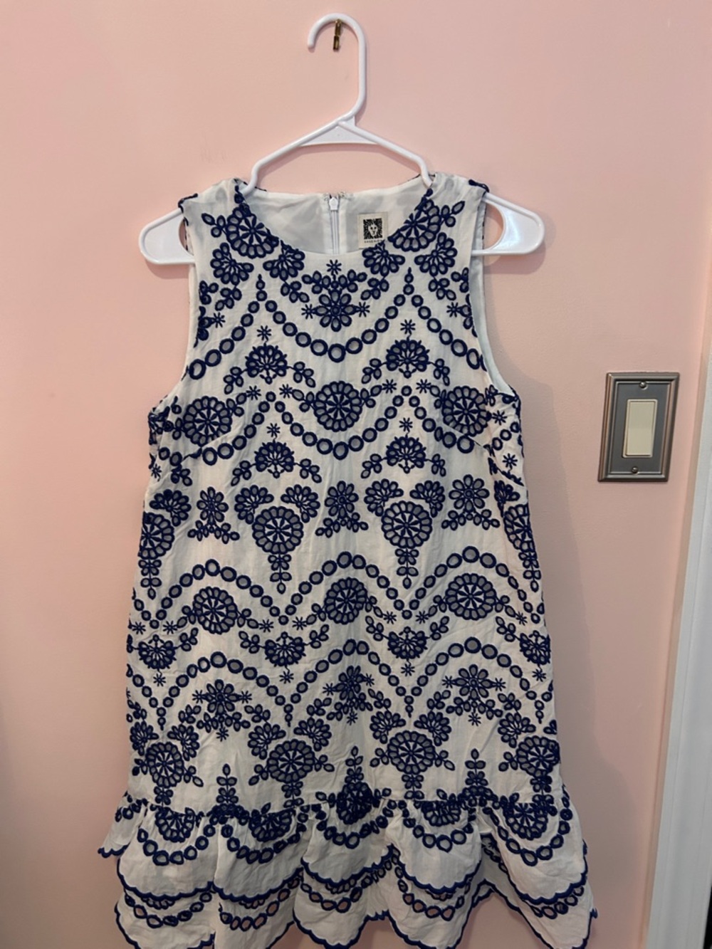 Anne Klein White Dress with Navy Embroidery